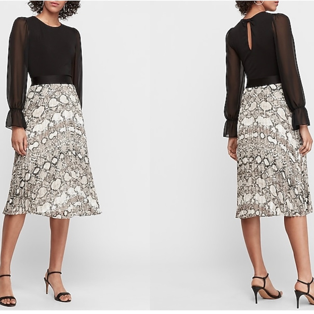 Snakeskin Print Pleated Midi Skirt